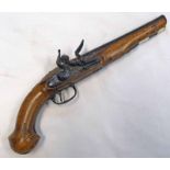 A CONTINENTAL FLINTLOCK PISTOL WITH 23CM LONG, 2 STAGE BARREL, PLAIN LOCK PLATE, FULL STOCK,