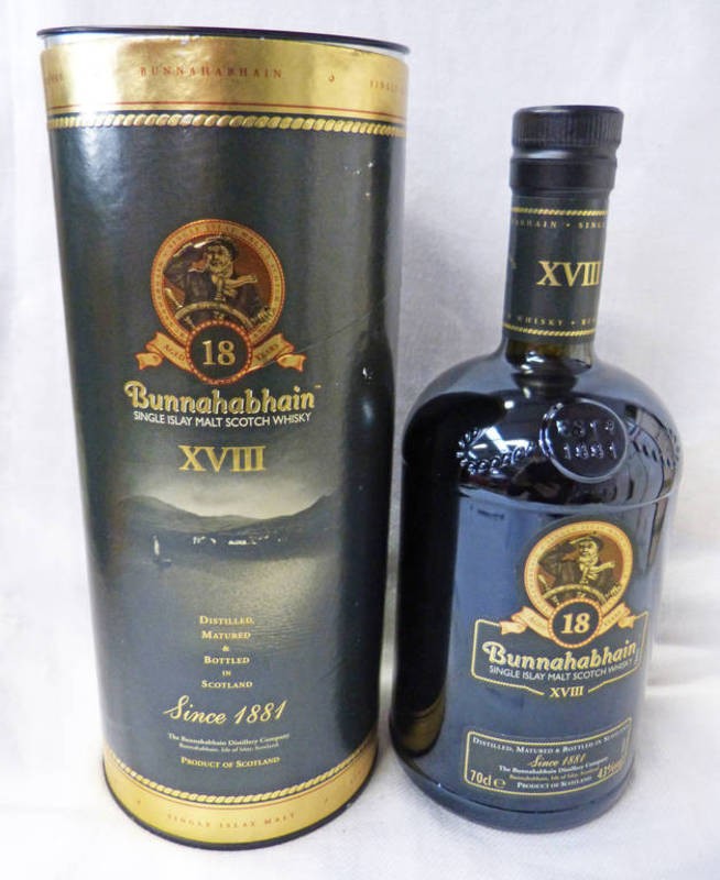 1 BOTTLE BUNNAHABHAIN 18 YEAR OLD SINGLE MALT WHISKY - 70CL, 43% VOLUME IN TUBE.