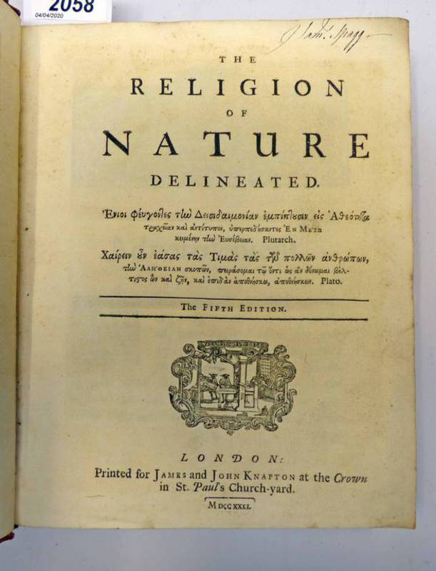 THE RELIGION OF NATURE DELINEATED BY WILLIAM WOLLASTON,