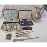 ADVERTISING PAPER KNIFE, PAIR OF EARLY 19TH CENTURY WINE SLIDES, SILVER PLATED WINE JUG,