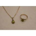 9CT GOLD PERIDOT SET PENDANT ON FINE CHAIN MARKED 9CT & 9CT GOLD OVAL PERIDOT SET RING