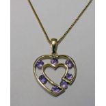9CT GOLD AMETHYST SET HEART PENDANT ON 9CT GOLD CHAIN - TOTAL WEIGHT 6GM