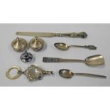 SILVER BABIES RATTLE WITH MOTHER OF PEARL RING CHESTER 1918, CHINESE WHITE METAL SPOON & ONE OTHER,