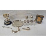 SMALL SILVER FRAME, SILVER PUSHER, SILVER PENCIL HOLDER, SMALL SILVER SALVER, SILVER GOLFING TROPHY,