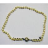 CULTURED PEARL NECKLACE ON 9CT GOLD PEARL SET CLASP - 40CM LENGTH