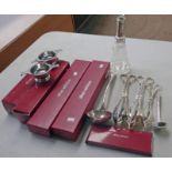 SILVER TOPPED CUT GLASS SCENT BOTTLE & VARIOUS SILVER PLATED SERVERS, LADLES, QUAICHS,