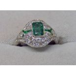 ART DECO STYLE EMERALD & DIAMOND CLUSTER RING,