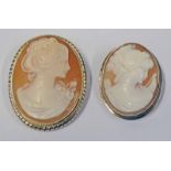 2 YELLOW METAL MOUNTED CAMEO BROOCHES - 1 MARKED 585,