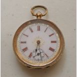 14K GOLD FOB WATCH THE GOLD DECORATED ENAMEL DIAL WITH SUBSIDIARY DIAL Condition Report:
