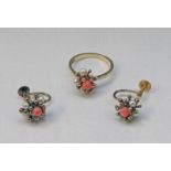 9CT GOLD PEARL AND CORAL RING AND PAIR OF MATCHING EARRINGS MARKED 9CT