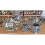 4 PIECE SILVER PLATED TEASET, SILVER PLATED TRAY,