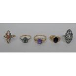 9CT GOLD SIGNET RING, 9CT GOLD GARNET SET RING, 9CT GOLD AMETHYST & DIAMOND SET RING,