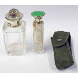 SILVER TOPPED SCENT BOTTLE WITH GREEN ENAMEL DECORATION & SILVER TOPPED CUT GLASS SCENT BOTTLE