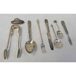 PAIR OF SILVER TONGS, SILVER POLISHER, SILVER CELTIC DESIGN SPOON,