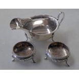 SILVER SAUCEBOAT, SHEFFIELD 1939 % 2 SILVER SALTS WITH FOLIATE DESIGN - 5,