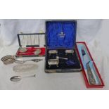 CASED SILVER HANDLED CAKE KNIFE, 3 SILVER SALTS, CASED PAIR OF SILVER JAM SPOONS,