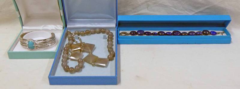 SILVER BANGLE WITH BLUE STONE IN FITTED CASE, LAPIZ LAZULA BRACELET WITH SILVER CLASP,