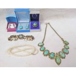 MOTHER OF PEARL SET BRACELET, TURQUOISE SET NECKLACE MARKED 925, CULTURED PEARL NECKLACE OF APPROX.