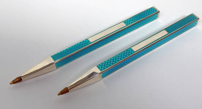 2 SILVER ENAMELLED BALLPOINT PENS Condition Report: Some very light wear at top end