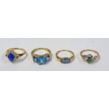 9CT GOLD OPAL SET RING, 9CT GOLD DIAMOND & LAPIZ LAZULA RING, 9CT GOLD DIAMOND & GREEN STONE RING,