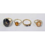 RING MARKED 9CT, 4 STONE RING & 9CT GOLD CAMEO RING, 9CT GOLD CITRINE SET RING.