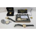 MINIATURE CHURCHILL GILDED CLOCK , CHROME POCKET WATCH, INGERSOLL & OTHER WATCHES,