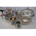 3 PIECE SILVER PLATED TEASET, SILVER PLATED TURN OVER DISH, LIDDED JUG, BASKET,