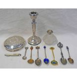 CIRCULAR SILVER LID MARKED STERLING, VARIOUS SILVER & OTHER GILT SPOONS, SILVER CANDLESTICK ,