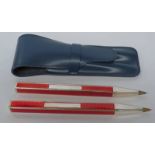 LEATHER CASE BY ETTINGER LONDON AND 2 ENAMELLED BALLPOINT PENS MARKED 925