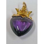 HEART SHAPED AMETHYST SET PENDANT WITH CROWN SETTING MARKED 9CT AND TLM Condition Report: