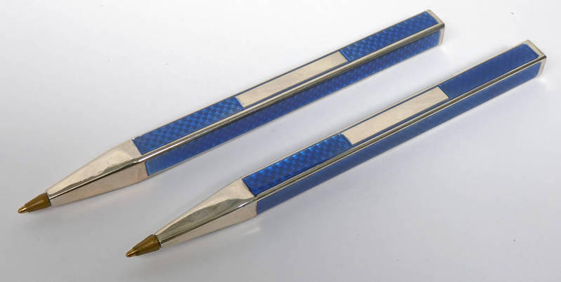 2 BLUE ENAMEL AND SILVER BALLPOINT PENS