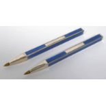 2 BLUE ENAMEL AND SILVER BALLPOINT PENS