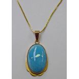 BLUE STONE SET PENDANT MARKED 14K ON FINE CHAIN MARKED 14K