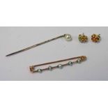 CITRINE PEARL SET TIE PIN , CULTURED PEARL SET BROOCH,