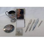 TIFFANY SILVER PLATED HAND MIRROR, VARIOUS PENS, SAILING TROPHY,