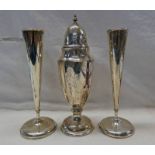 2 SILVER SPILL VASES & SILVER SUGAR CASTOR