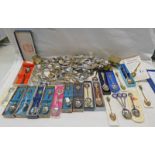 4 SILVER ENAMELLED GOLF SPOONS, SILVER PLATED STAMP BOX,