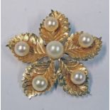 CULTURED PEARL SET LEAF, BROOCH INDISTINCTLY MARKED,