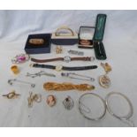 2 BANGLES MARKED 925, VARIOUS WATCHES, CHAINS, TIE PIN, AMBER BROOCH WITH BEE INSIDE,