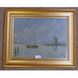 H BENNETT DUTCH RIVER SCENE SIGNED GILT FRAMED OIL PAINTING 29 X 39 CM