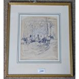 CHARLES MCCALL ROI NEAC THE WAITING CARRIAGES SIGNED FRAMED SKETCH 26 X 22 CMS