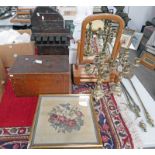 19TH CENTURY MAHOGANY BOX, CARVED OAK WALL STAND, 19TH CENTURY GILT SEWN WORK GILT FRAME,