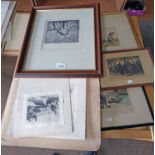 FRAMED ETCHING SIGNED ROBERTSON MACBETH, 3 UNFRAMED ETCHINGS OF GUN DOG SIGNED,