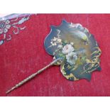 19TH CENTURY PAINTED LACQUER FACE SHIELD WITH FLORAL AND BIRD DECORATION 39CM LONG