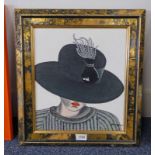 MR MELON - (ARR) LADY WIDE HAT SIGNED ORNATE BLACK & GOLD FRAMED OIL PAINTING 36 X 31.