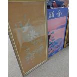 LARGE EASTERN SEWN PANEL WITH BIRDS AND BLOSSOM 109 X 50 CM, AND LARGE JAPANESE ADVERTISING PLAQUE,