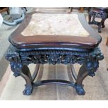 EARLY 20TH CENTURY CHINESE CARVED HARDWOOD PLANT STAND WITH SHAPED SQUARE TOP AND PINK MARBLE INSET