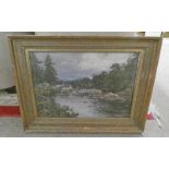 BRODIE, COTTAGES BESIDE THE RIVER, SIGNED, GILT FRAMED OIL PAINTING,