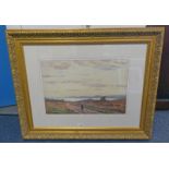 THOMAS HUNT RSW LOOKING ACROSS LOCH SWEEN SIGNED GILT FRAMED WATERCOLOUR 37 X 55 CM