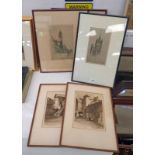 FRAMED ETCHING MITCHELL TOWER SIGNED ALEC FRASER - 22 X 12 CM & AND 4 OTHER SIGNED ETCHINGS